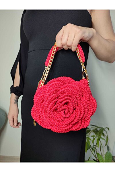 Altınergiyim POLYESTER MAKROME İPTEN KIRMIZI GÜL DETAYLI ÇANTA