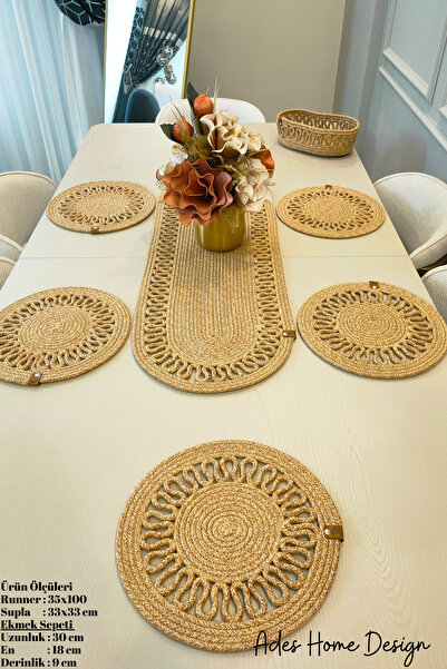 ADES HOME DESİGN Jüt, Amerikan Servis Takımı, 6 Supla, 1 Ekmek Sepeti, 1 Runner, Tabak Altlığı,Supla Takımı,Lux Sunum