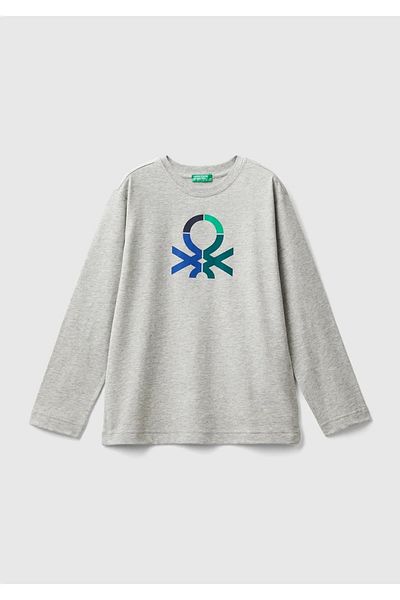 United Colors of Benetton Μακρυμάνικο μπλουζάκι Boy's Grey Melange μπροστά με πολύχρωμο λογότυπο με στάμπα με λαιμόκοψη