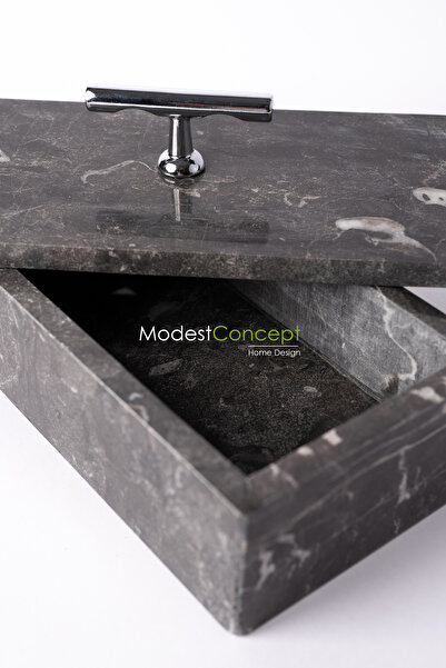 Modestmar Black Marble Box, Marble Jewelry Box, Black Marble Jewelry Box 10X20 Silver Handle