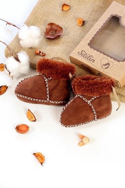 Sitilin Organic Suede Leather Unisex Baby Booties Natural Baby Booties with Wool Inside Stl5222