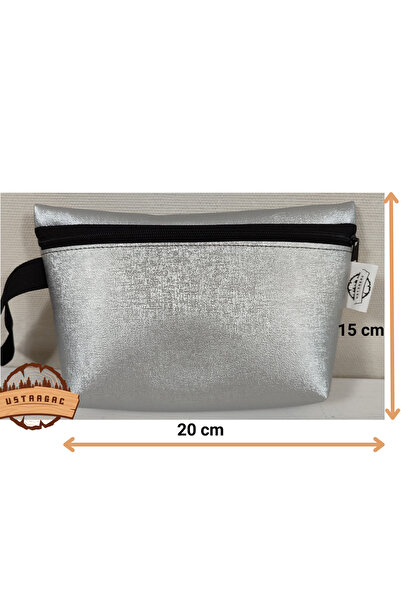 ustaagac Gray Leather Makeup Bag - Gusseted Design