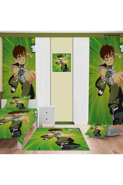 DEKORANLA Yeşil Çocuk Odası Dekor Seti: Perde, Yatak Örtüsü, Halı, Duvar Saati, Yastık ve Kılıf