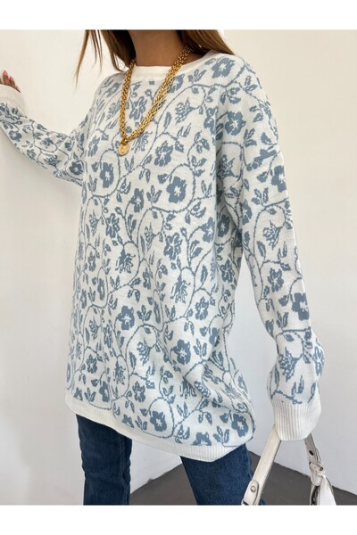 Modamorfo Ledově modrá tunika s květinovým potiskem s kulatým výstřihem