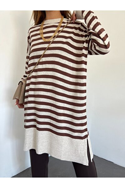 Modamorfo Hidžáb ležérní pletená tunika s kulatým výstřihem - světle hnědá