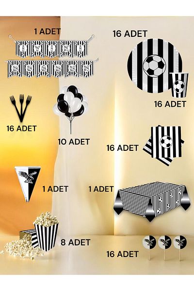 VibeHome Black and White Fan Ultra-Luxury Set for 16 - Birthday Party and Fun Events