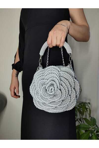 Altınergiyim POLYESTER MAKROME İPTEN GRİ GÜL DETAYLI ÇANTA