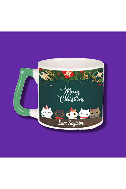Ceymas Hediyelik Kişiye Özel Yılbaşı Tasarımlı Yeşil Kupa Bardak - Kedili Yıl...