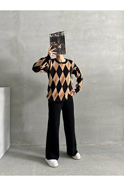 Lusin Women's Black Diamond Pattern Sweater Blouse Pants Bottom Top Double Knitwear Set