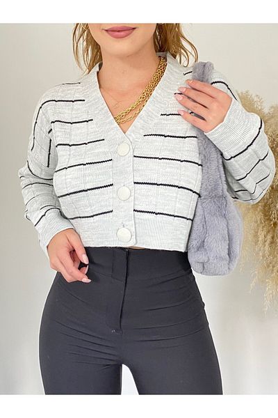 Modamorfo Large Buttoned Knitwear Cardigan -Light Gray