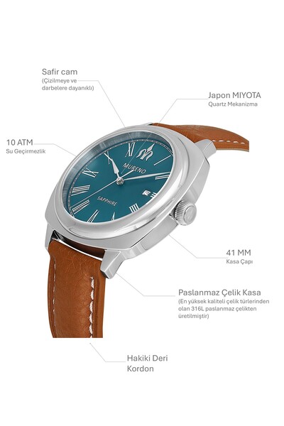 MURENO Safir Cam / 10 Atm Su Geçirmez / Paslanmaz Çelik (316L) / Taba Hakiki Deri Klasik Erkek Kol Saati V4