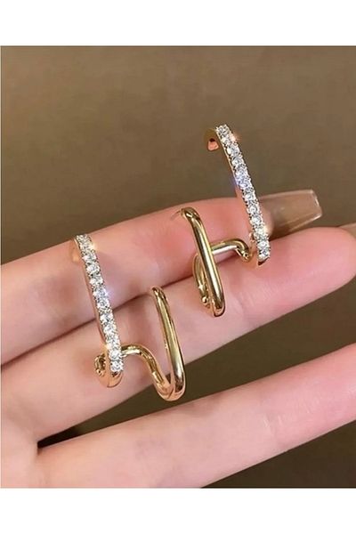 İthal Gold Zircon Stone Design Earrings