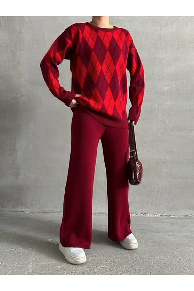 Lusin Women's Burgundy Diamond Pattern Sweater Blouse Pants Bottom Top Double Knitwear Set