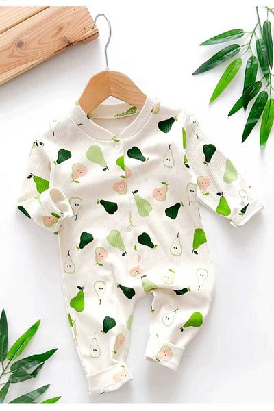 dinamik çocuk Pear Printed Corded Romper for Baby Boy - 100% Cotton, Stretchy, 1-3-6 Months
