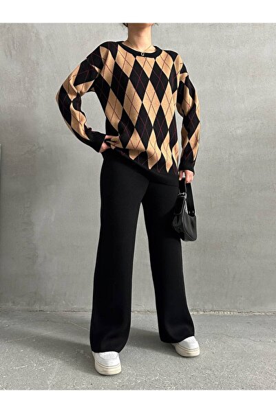 Lusin Women's Black Diamond Pattern Sweater Blouse Pants Bottom Top Double Knitwear Set