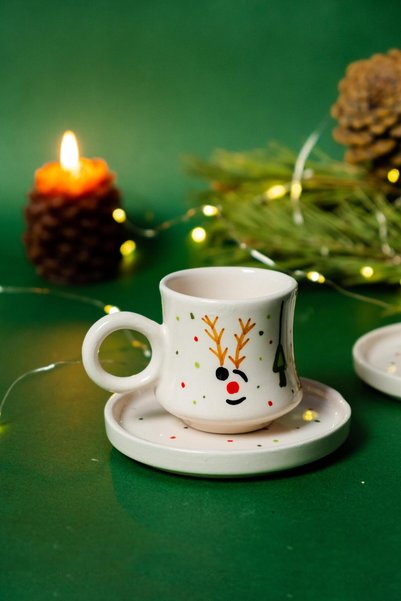 Gezdikçe Bilelim Set of 2 New Year's Deer, Handmade Boiler Ceramic Coffee Cup, Coffee Cup, Hand Made