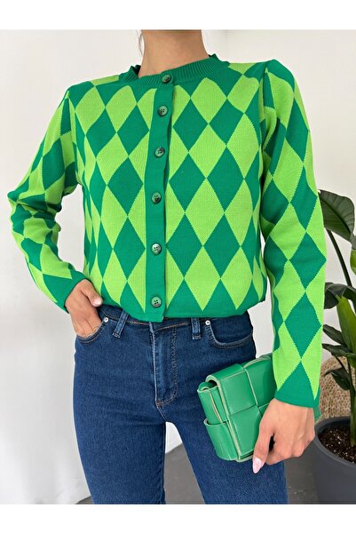 Modamorfo Crew Neck Buttoned Diamond Pattern Cardigan