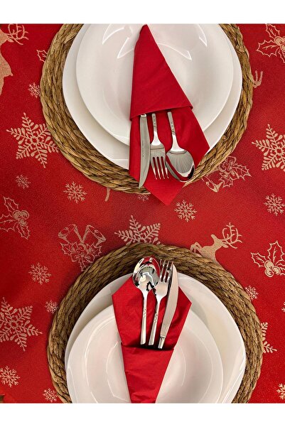 homease Dertsiz Kumaş Jakarlı Simli Kırmızı Yılbaşı Masa Örtüsü