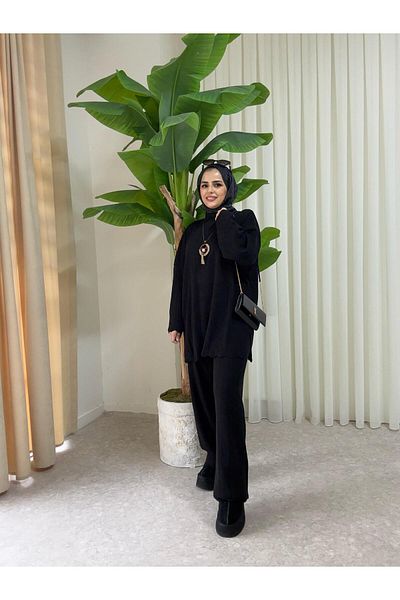 Aselim Hijap Moda Μαύρο Κολιέ με ραβδώσεις Πλεκτό Διπλό Σετ Casual