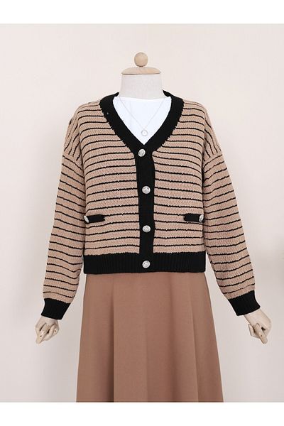 Modamorfo Tenký pruhovaný úplet Cardigan s detailem kapsy na knoflíky - opálení