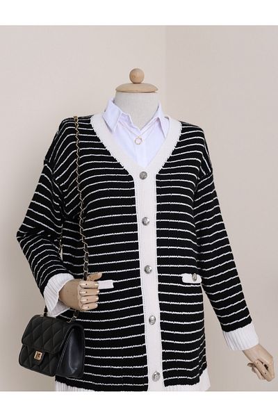 Modamorfo Buttoned Striped Cardigan with Pocket Detail