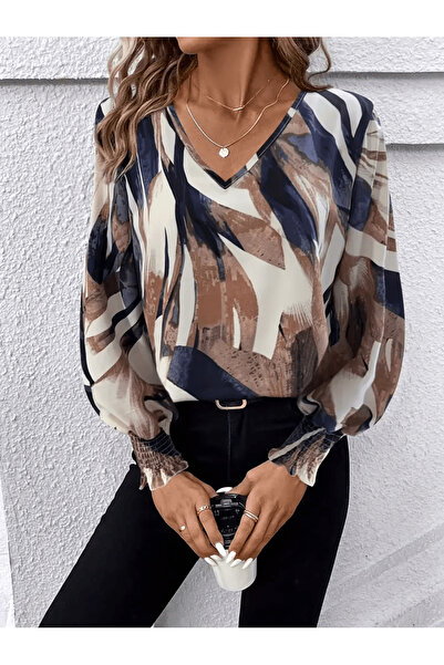 Moda Monisa Bluză de damă cu mânecă lungă, cu decolteu în V, cu model mixt |   Mânecă Gipe Detaliată |   Țesătură elegantă din jerseu