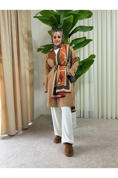 Aselim Hijap Moda Σετ μπουφάν και παντελόνι σε καφέ σουέντ μαλακή ζώνη