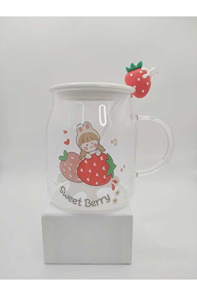 Skycave Çilek Desenli Cam Pipetli Seramik Kapaklı Hediyelik Cam Kupa Bardak
