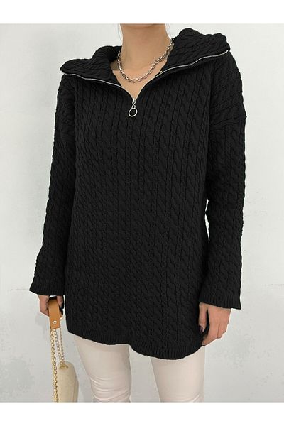 Modamorfo Half Zippered Turtleneck Winter Knitwear Sweater - Black