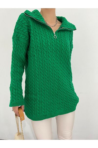 Modamorfo Half Zippered Turtleneck Winter Knitwear Sweater - Emerald