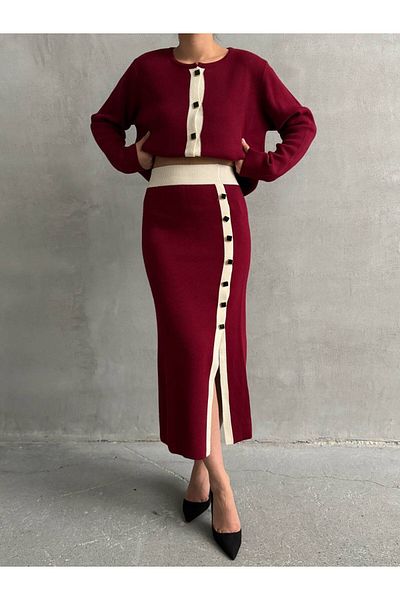 Lusin Burgundy Women's Knitwear Set - Button Detailed Sweater, Blouse and Skirt