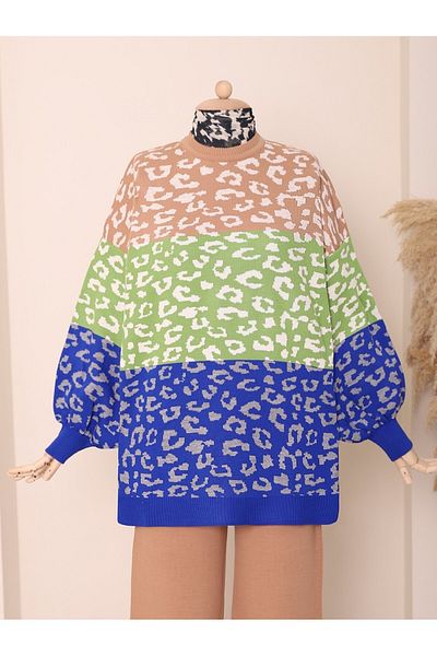 Modamorfo Green Balloon Sleeve Patterned Winter Knitwear Tunic