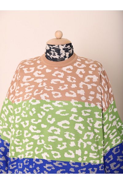 Modamorfo Green Balloon Sleeve Patterned Winter Knitwear Tunic