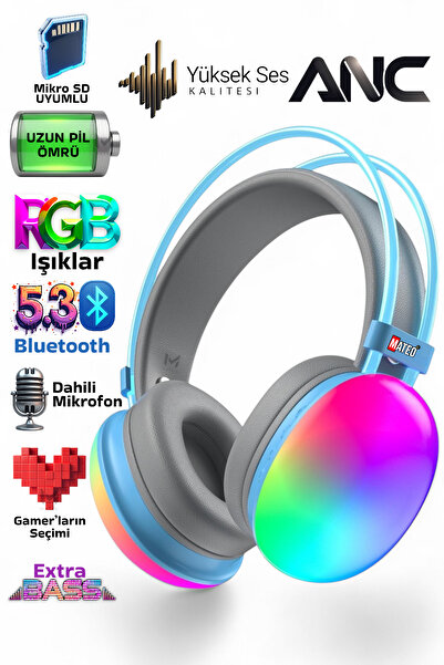 MATEO RGB Işıklı Bluetooth 5.3 Kablosuz Gaming Oyuncu Kulaklık ANC ve Uzun Pi...