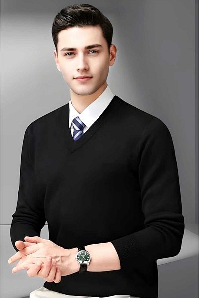 Uniquetrenders Мъжки плетен пуловер с V-образно деколте и дълъг ръкав, който не се надрасква Мъжки тесен пуловер