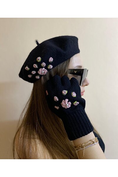 sema aksesuar Black Handmade Powder Pearl Floral French Painter Beret and Fingered Gloves Set - Gift