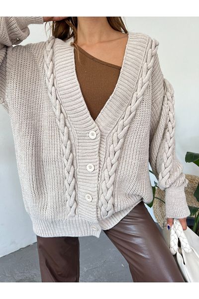 Modamorfo Winter Cardigan with Knitted Chain Detail - Stone