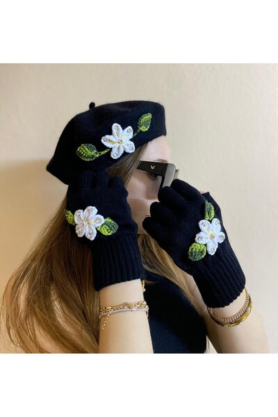 sema aksesuar Black Handmade Zircon Cubic Zirconia White Floral French Painter Beret and Finger Cut Gloves Set