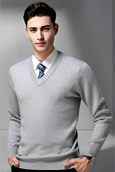 Uniquetrenders Чоловічий в'язаний светр з V-подібним вирізом, довгий рукав, тканина не пухнеться, slim fit.