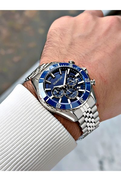 Quantum Function Silver-Navy Color Waterproof Steel Band Steel Case Men's Wristwatch 1187.390