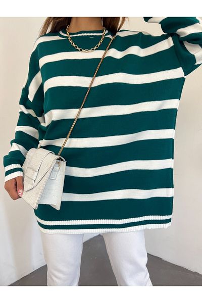 Modamorfo Striped Winter Hijab Knitwear Tunic - Dark Green