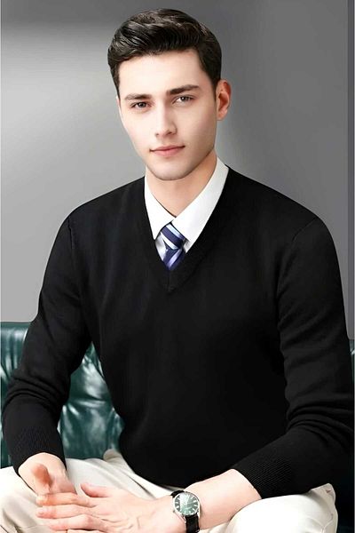 Uniquetrenders Мъжки плетен пуловер с V-образно деколте и дълъг ръкав, който не се надрасква Мъжки тесен пуловер