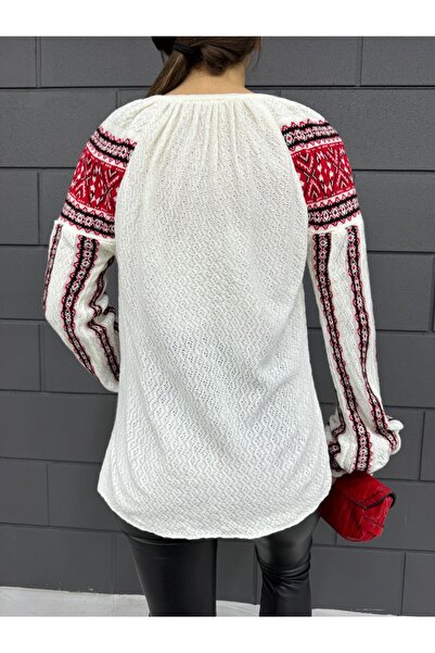 Modamorfo Patterned Knit Sweater with Tie Collar - Ecru