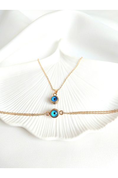 Alexis Carrel Evil Eye Detailed Gold Necklace and Bracelet Set