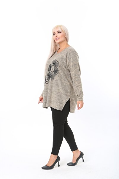tıgersıze Plus Size Women's Soft Flock Printed Soft Fabric Sweater