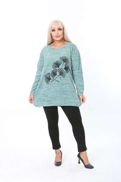 tıgersıze Plus Size Women's Soft Flocking Soft Fabric Printed Sweater