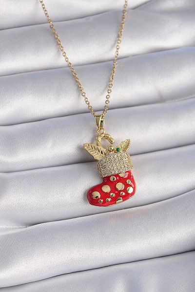 Store 316L Steel Gold Color Chain with Zircon Stone Christmas Themed Red Christmas Stocking Figure Women's Necklace