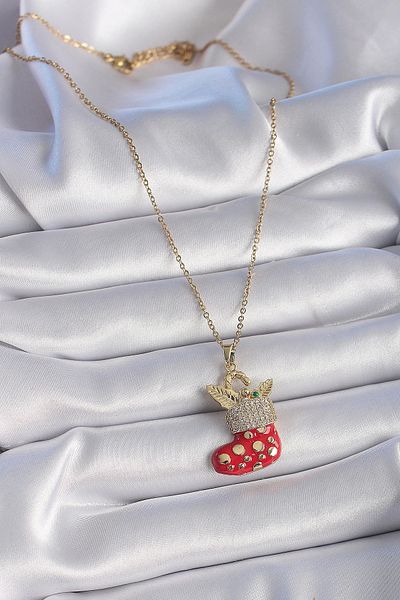 Store 316L Steel Gold Color Chain with Zircon Stone Christmas Themed Red Christmas Stocking Figure Women's Necklace