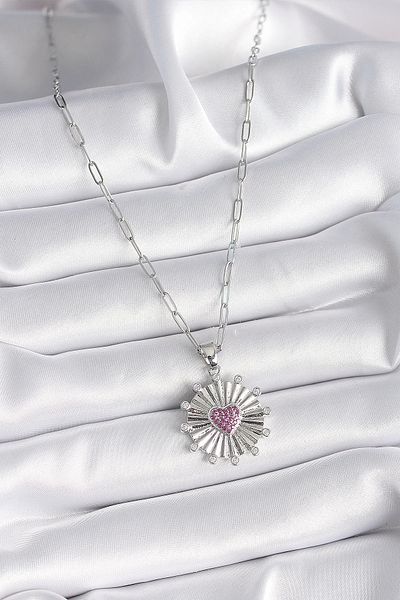 Clariss 316L Steel Silver Color Pink Zircon Stone Heart Embroidery Locket Model Women's Necklace