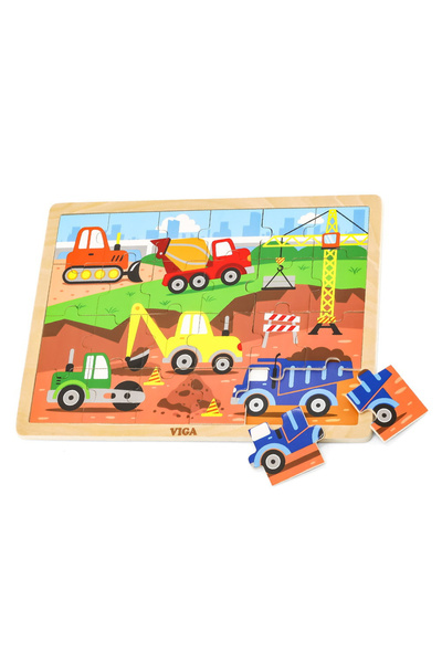 Viga Toys Puzzle din lemn 24 buc., utilaje de constructii, 2-5 ani